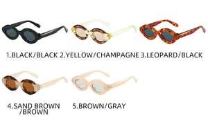 Detailed collection of five oval retro sunglasses in black, tortoise, and champagne tones