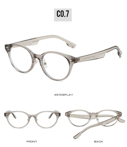 Détails de monture ronde TR90 gris transparent avec vues de face et de profil