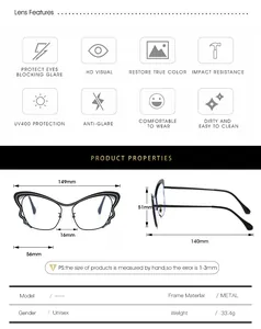 Detailed size chart for butterfly metal frame glasses showing dimensions in millimeters