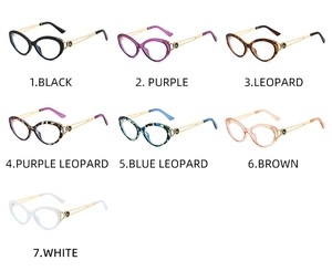 Detailed grid showing seven color variants of cat-eye glasses frames with gold hollow temples