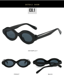 Multiple views of vintage black oval thick frame sunglasses with UV protection details