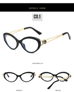 Detailed view of cat-eye frames with black acetate and gold metal hollow temples