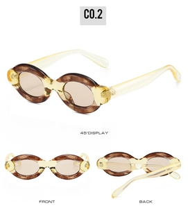 Three-view display of oval tortoiseshell sunglasses with translucent yellow arms