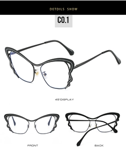 Three-view detail of butterfly frame blue light blocking glasses with wave edges