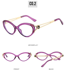 Three views of purple cat-eye frames with gold hollow temples and logo details