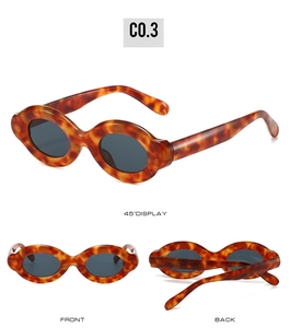 Three views of tortoiseshell oval sunglasses with thick frames and dark grey lenses