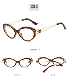 Three-way view of leopard print cat-eye frames with golden metal temples and logo
