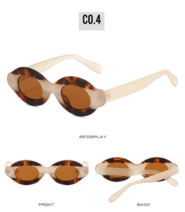 Three-way view of oval tortoiseshell sunglasses with white matte temples and brown lenses