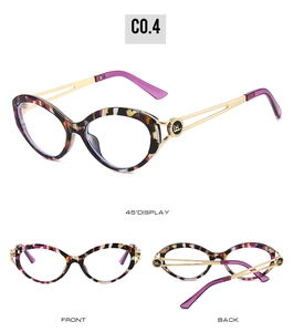 Detailed views of purple tortoiseshell cat-eye glasses frame with gold metal temples