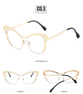 Detailed views of golden butterfly shaped metal glasses frame showing front and back