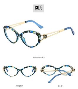 Three perspectives of cat-eye frames featuring blue leopard print and gold metal temples