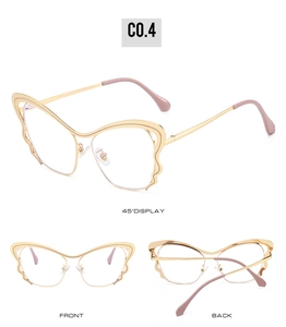 Three perspectives of golden butterfly frame eyeglasses with pink temple tips