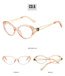 Multi-angle view of cat-eye frames in orange-pink resin with slim gold metal temples