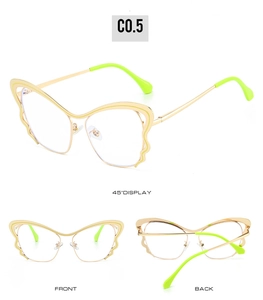 Detailed views of gold butterfly frame glasses with neon green temple tips and clear lenses