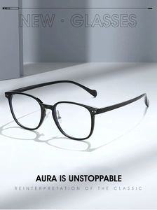 Detailed close-up of retro black square frame glasses with rivet details and clear lenses