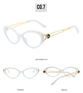 Three-angle display of cat-eye glasses with white frames and gold metal temples