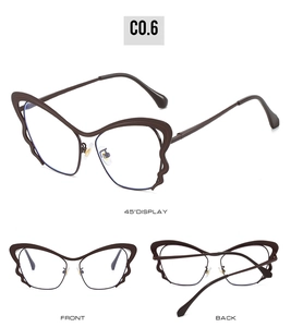 Detail view of butterfly frame blue light glasses showing 45-degree, front and back angles