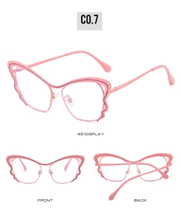 Detailed views of pink butterfly frame glasses showing front back and 45-degree angle display