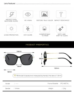 Size chart showing 146mm width and UV400 PC metal frame specs for unisex sunglasses