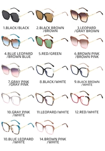 Detailed grid display of various square cat-eye sunglasses and fashion frames in multiple colors