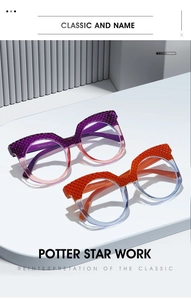 Detail of cat-eye frames featuring textured diamond patterns and gradient lens tints