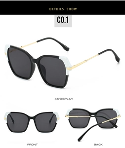 Detailed views of square sunglasses featuring black and white frames with gold metal temples