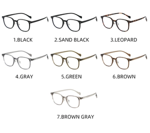 Detailed grid showing square-round glasses frames in seven trendy matte and clear colors