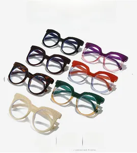 Detailed array showing seven colors of vintage rhinestone round frame blue light glasses