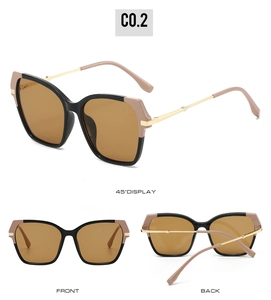 Three perspectives of square black and pink sunglasses with gold temples and brown lenses