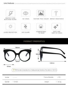 Detailed size chart and technical specifications for these unisex round frame glasses