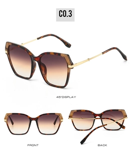 Three views of tortoiseshell sunglasses with gold temples and brown gradient lenses