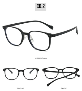 Detailed views of black full-rim glasses with stylish rivets and classic frame structure