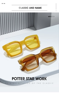 Detail of square oversized sunglasses with yellow and transparent tea frames