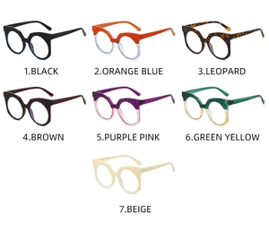 Detailed grid showing seven color variants of cat-eye glasses with diamond-patterned frames