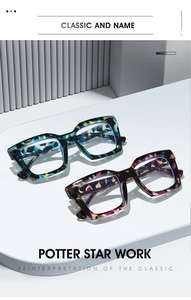 Detail of square acetate eyewear frames in colorful tortoiseshell and marble textures