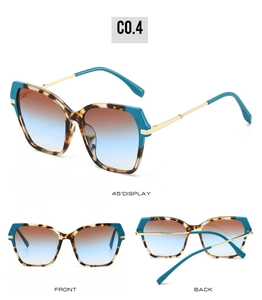 Three-view perspective of square tortoise and blue sunglasses with gold metal temples