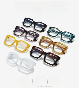 Close-up of retro square glasses frames in various colors with thick acetate finish