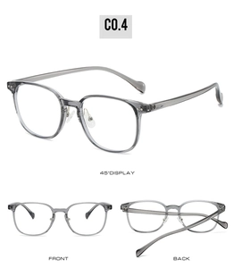 Detailed views of translucent grey square frame glasses showing front and back angles