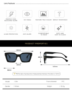 Detailed technical diagram showing dimensions and UV400 features of square sunglasses