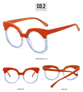 Multi-angle view of round glasses with orange woven texture and clear lower frames