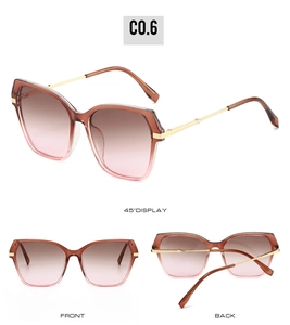 Three angles of square sunglasses with gradient lenses and slim gold metal temples