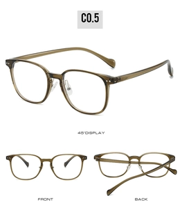 Three-angle view of vintage olive green square frames with metal rivets and soft nose pads