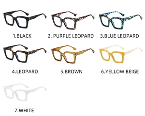 Flat lay of square eyewear frames in seven colors like black, leopard, and brown