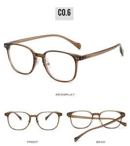 Three-way view of transparent brown round frames with metal nose pads and silver rivets