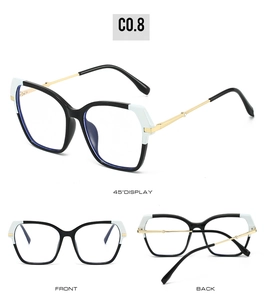 Detailed multi-angle view of square cat-eye sunglasses with black and white frames