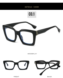 Detailed views of vintage square glasses frames with black finish and gold hinge accents