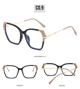 Three-way view of cat-eye frames with black and nude pink color block and gold metal temples