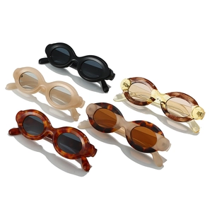 Trendy retro oval sunglasses with thick frames in various colors on white background