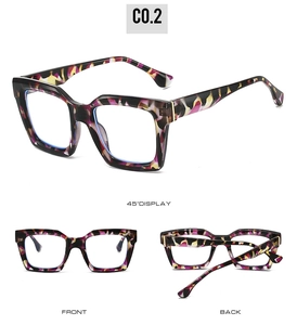 Detailed views of square tortoiseshell eyeglass frames from front, back, and 45-degree angles