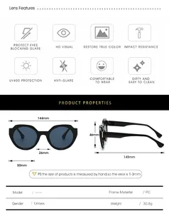 Size chart showing PC frame sunglasses dimensions including width and UV400 protection